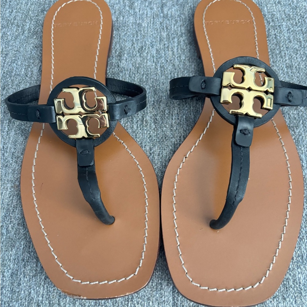 Tory Burch Mini Milker Leather Thong - Black and Gold Logo Sandals